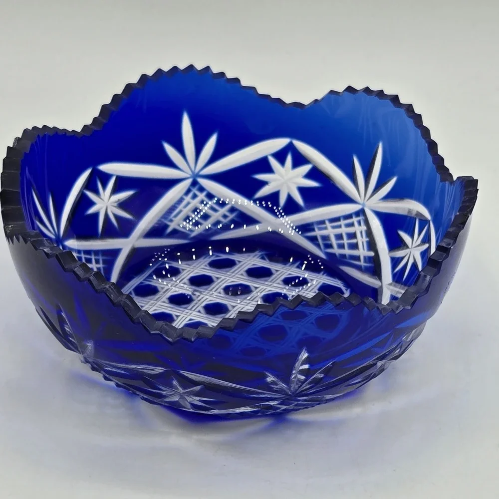Vintage Bohemian cobalt cut to clear crystal mini bowl Antique Art Deco